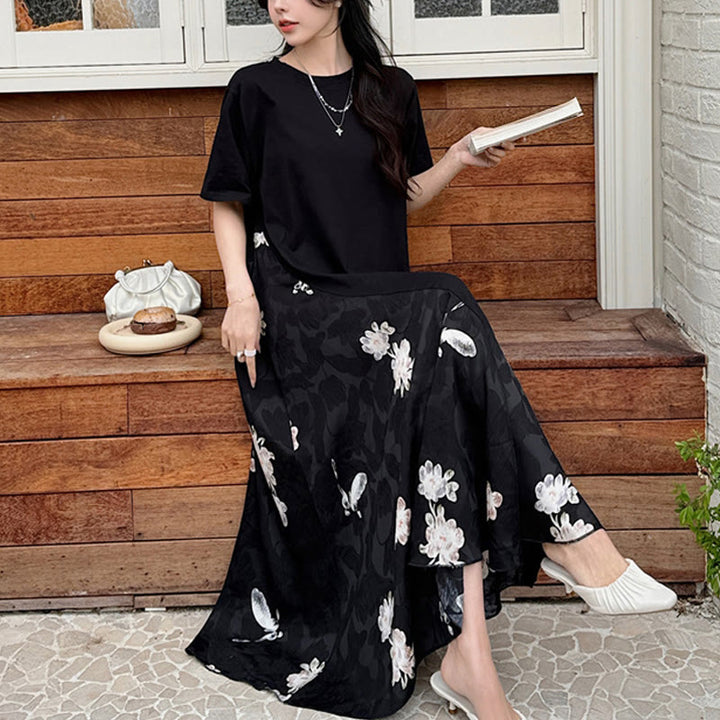 Buddha Stones Casual Flower Jacquard Short Sleeve T-Shirt Midi Dress - 3XL(Fit for US12; UK/AU16; EU44) - image 0