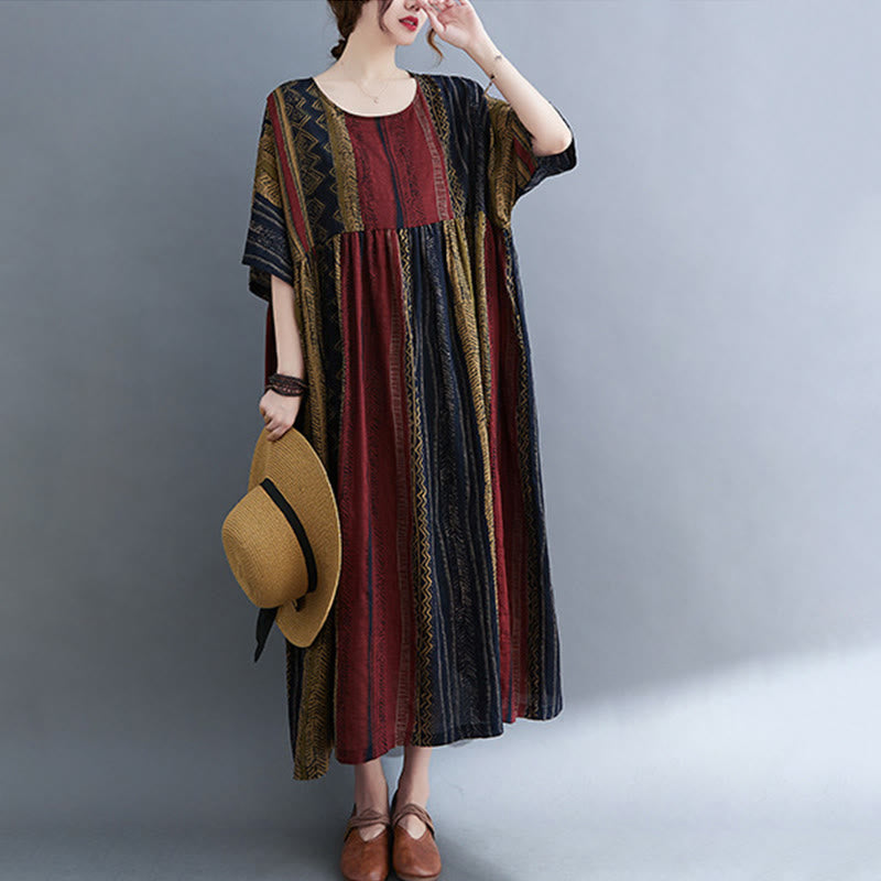 Buddha Stones Boho Geometry Short Sleeve Midi Dress With Pockets