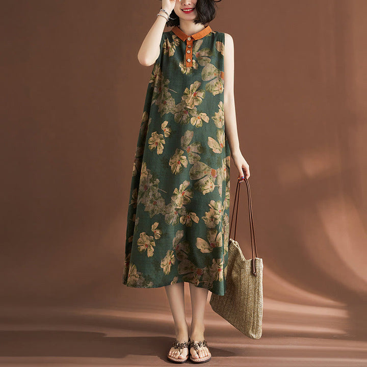 Buddha Stones Casual Sleeveless Flower Printed Button Cotton Linen Midi Dress