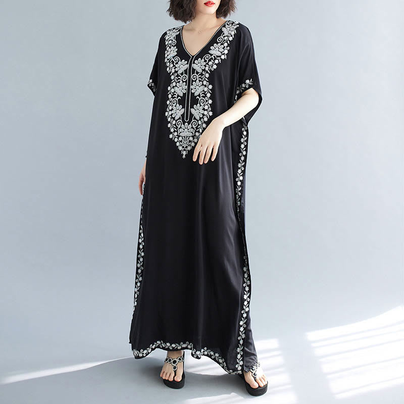 Buddha Stones Summer Embroidery Flower V-Neck Short Sleeve Maxi Dress - image 9