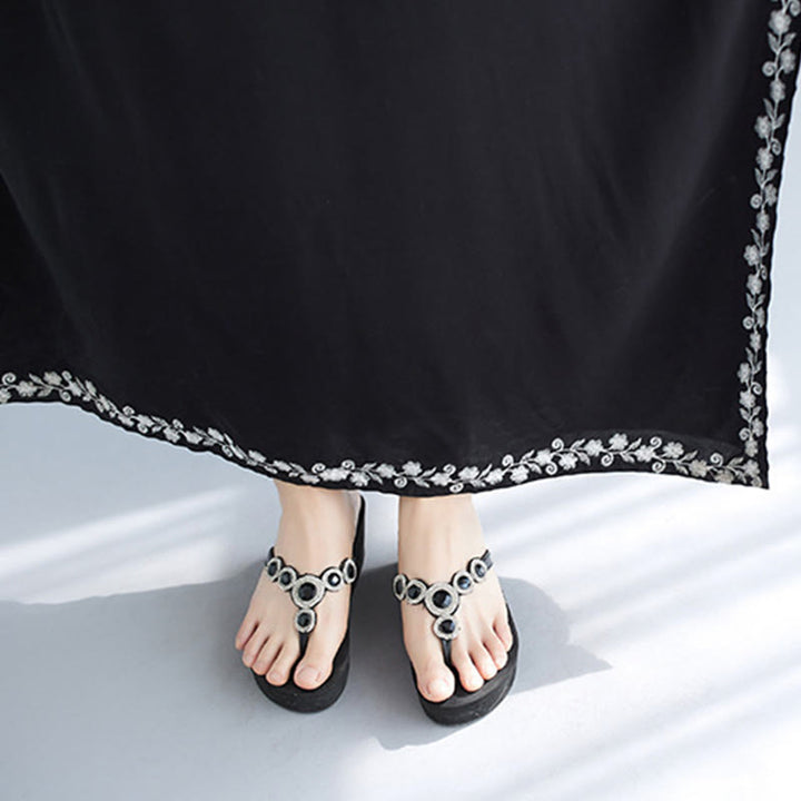 Buddha Stones Summer Embroidery Flower V-Neck Short Sleeve Maxi Dress - image 7