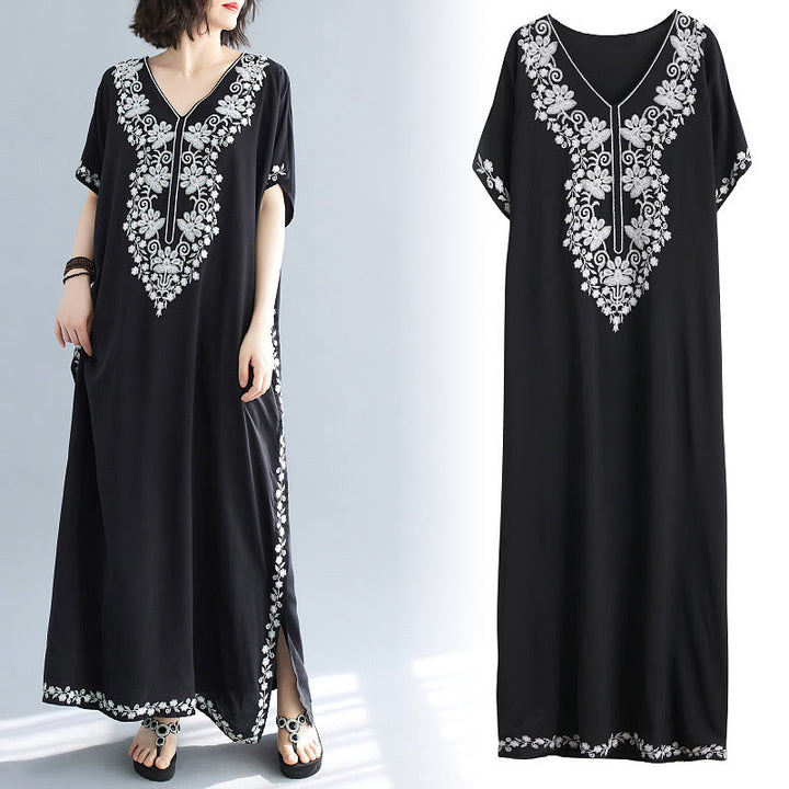 Buddha Stones Summer Embroidery Flower V-Neck Short Sleeve Maxi Dress - image 13