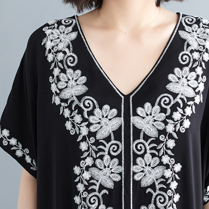Buddha Stones Summer Embroidery Flower V-Neck Short Sleeve Maxi Dress - image 5