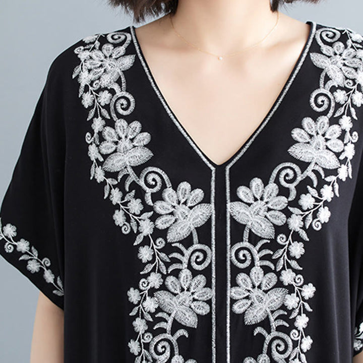 Buddha Stones Summer Embroidery Flower V-Neck Short Sleeve Maxi Dress - image 5