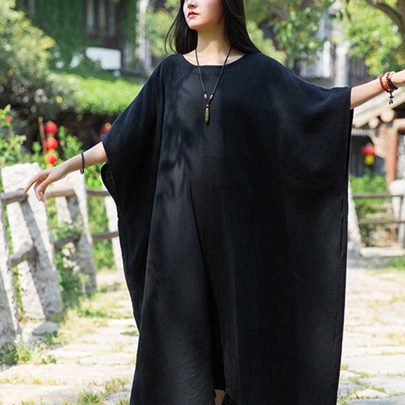 Buddha Stones Solid Color Loose Batwing Sleeve Maxi Dress With Pockets