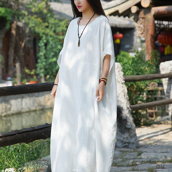 Buddha Stones Solid Color Loose Batwing Sleeve Maxi Dress With Pockets