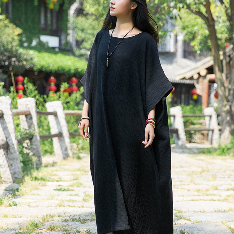 Buddha Stones Solid Color Loose Batwing Sleeve Maxi Dress With Pockets