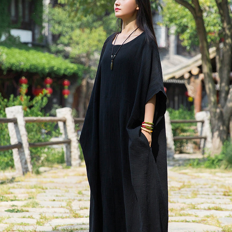 Buddha Stones Solid Color Loose Batwing Sleeve Maxi Dress With Pockets