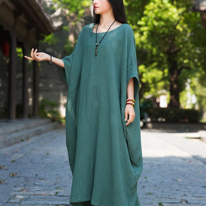 Buddha Stones Solid Color Loose Batwing Sleeve Maxi Dress With Pockets