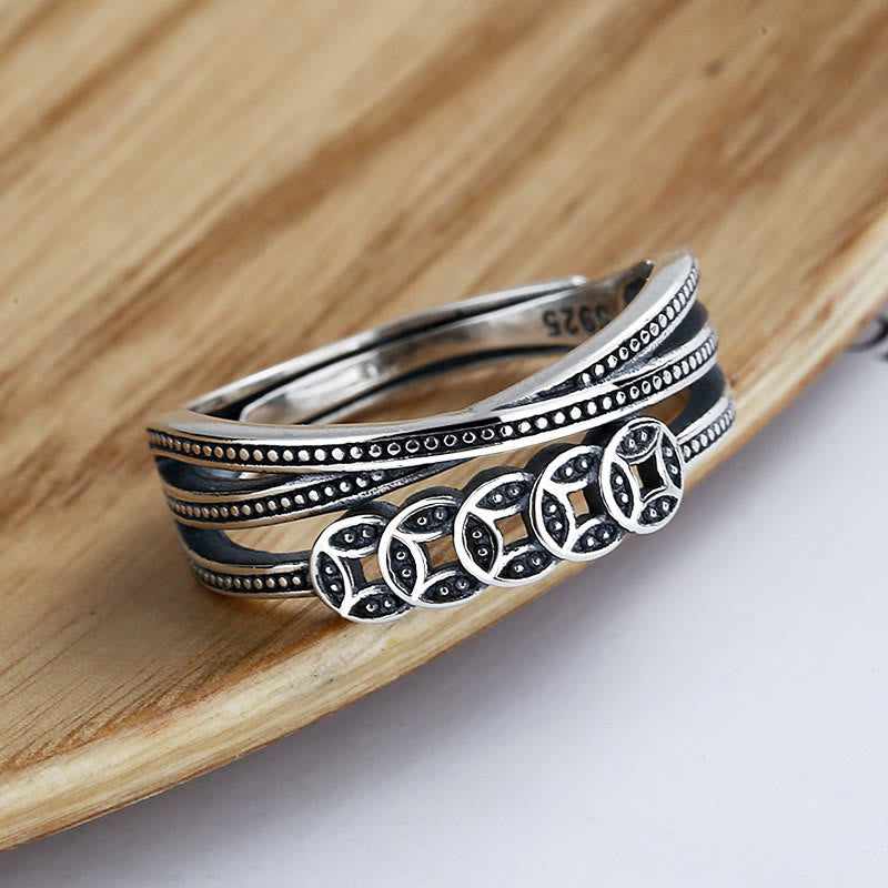 Buddha Stones 925 Sterling Silver Copper Coins Wealth Blessing Adjustable Ring - image 1
