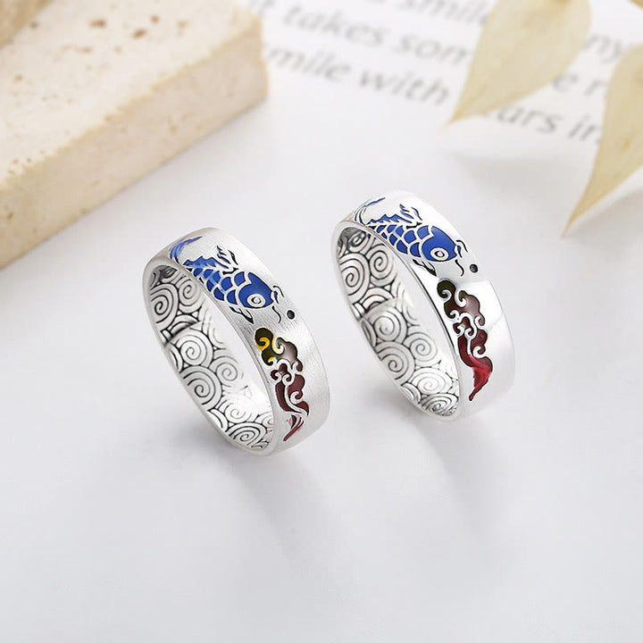 Buddha Stones 925 Sterling Silver Lucky Koi Fish Auspicious Clouds Wealth Ring