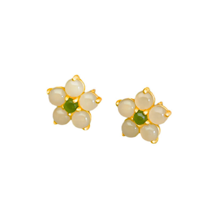 Buddha Stones 925 Sterling Silver Hetian Jade Luck Flower Stud Earrings - image 8