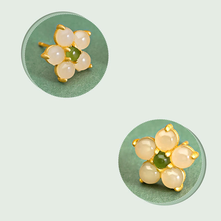 Buddha Stones 925 Sterling Silver Hetian Jade Luck Flower Stud Earrings - image 9