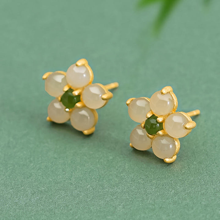 Buddha Stones 925 Sterling Silver Hetian Jade Luck Flower Stud Earrings - image 2