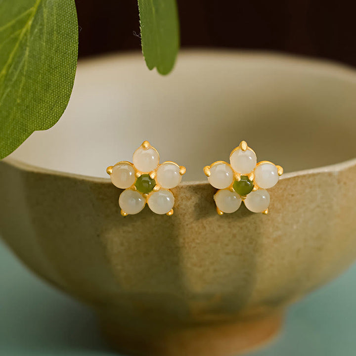 Buddha Stones 925 Sterling Silver Hetian Jade Luck Flower Stud Earrings - 925 Sterling Silver&Hetian Jade - image 0