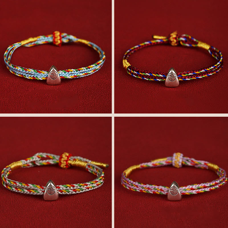 Buddha Stones 925 Sterling Silver Fu Character Luck Multicolored Rope Child Adult Bracelet