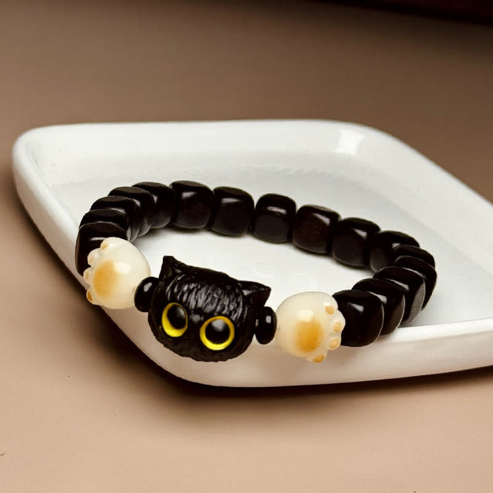 Buddha Stones Ebony Wood Cute Cat Bodhi Seed Paw Claw Peace Bracelet