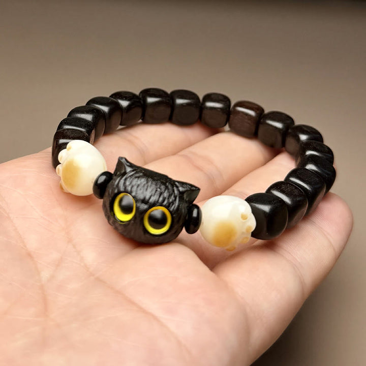 Buddha Stones Ebony Wood Cute Cat Bodhi Seed Paw Claw Peace Bracelet