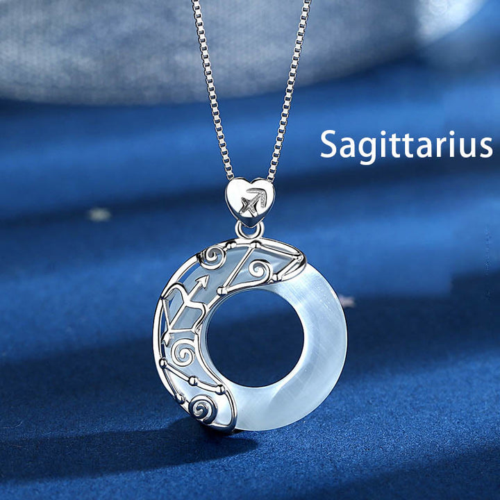 Buddha Stones 925 Sterling Silver 12 Constellations of the Zodiac Cat's Eye Love Support Necklace Pendant