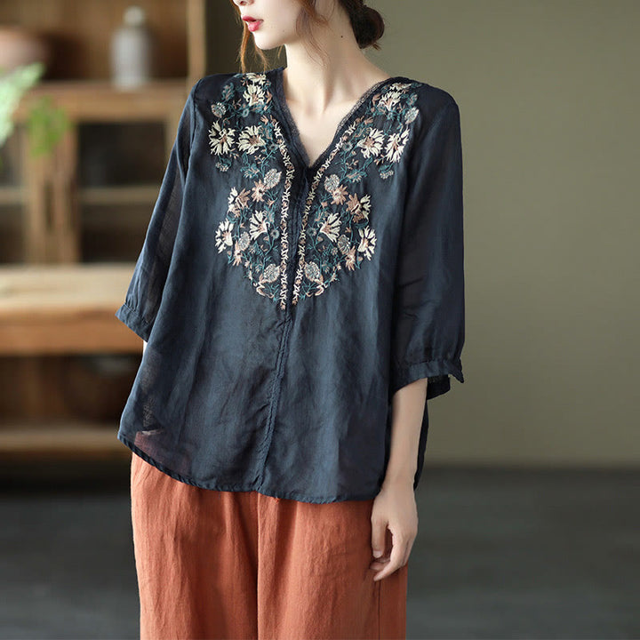 Buddha Stones Retro Embroidery V-Neck Design Half Sleeve Ramie Linen Shirt