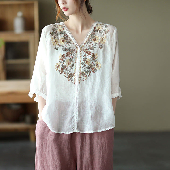 Buddha Stones Retro Embroidery V-Neck Design Half Sleeve Ramie Linen Shirt