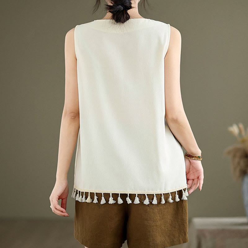 Buddha Stones Retro Embroidery V-Neck Tassel Tank Top - image 1