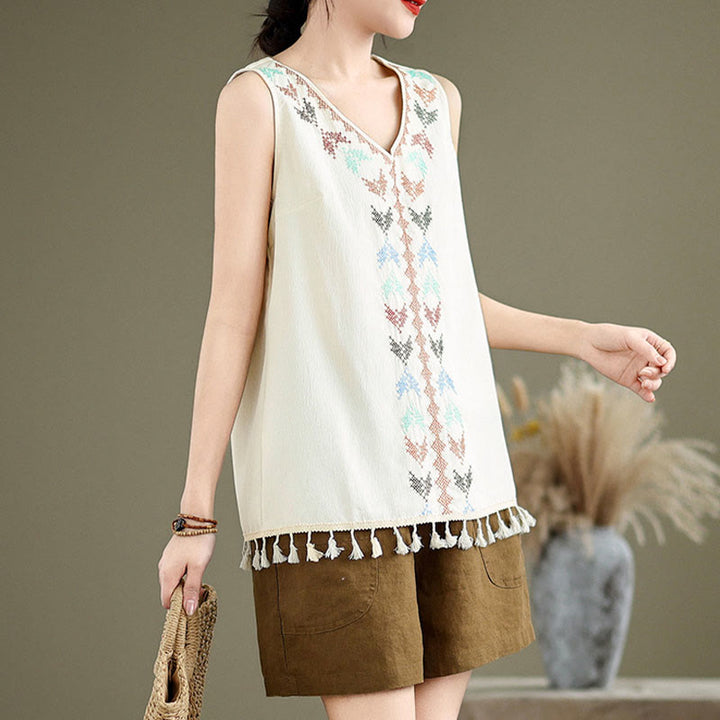 Buddha Stones Retro Embroidery V-Neck Tassel Tank Top