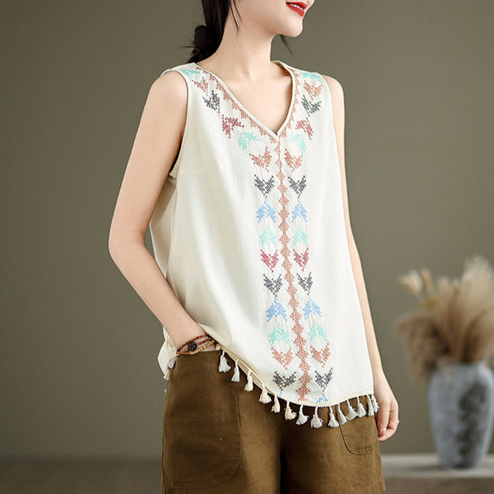 Buddha Stones Retro Embroidery V-Neck Tassel Tank Top