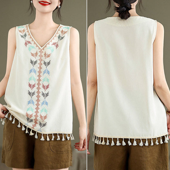 Buddha Stones Retro Embroidery V-Neck Tassel Tank Top - image 4