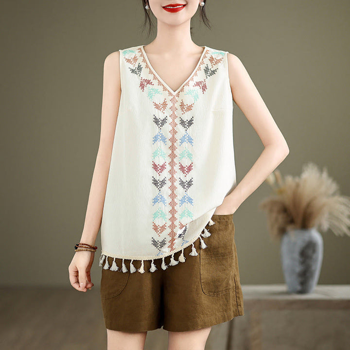 Buddha Stones Retro Embroidery V-Neck Tassel Tank Top - image 12