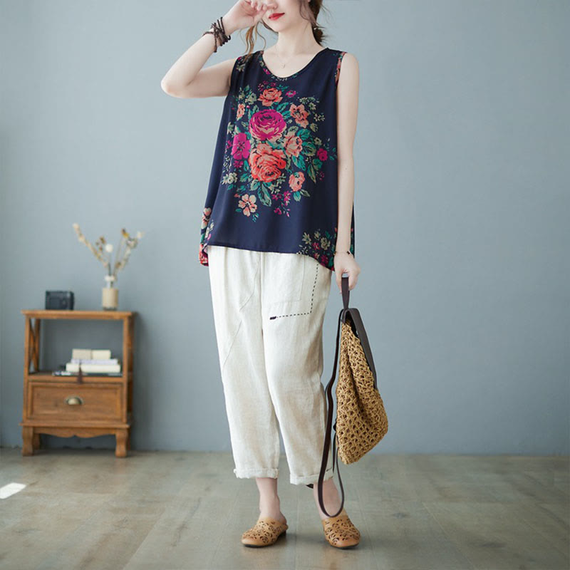 Buddha Stones Retro Peony Flowers Round Neck Tank Top Vest