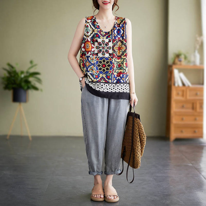 Buddha Stones Ethnic Geometry Print Crew Neck Tank Top