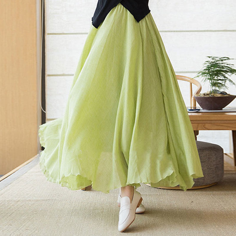 Buddha Stones Solid Color Elastic High Waist Linen Skirt