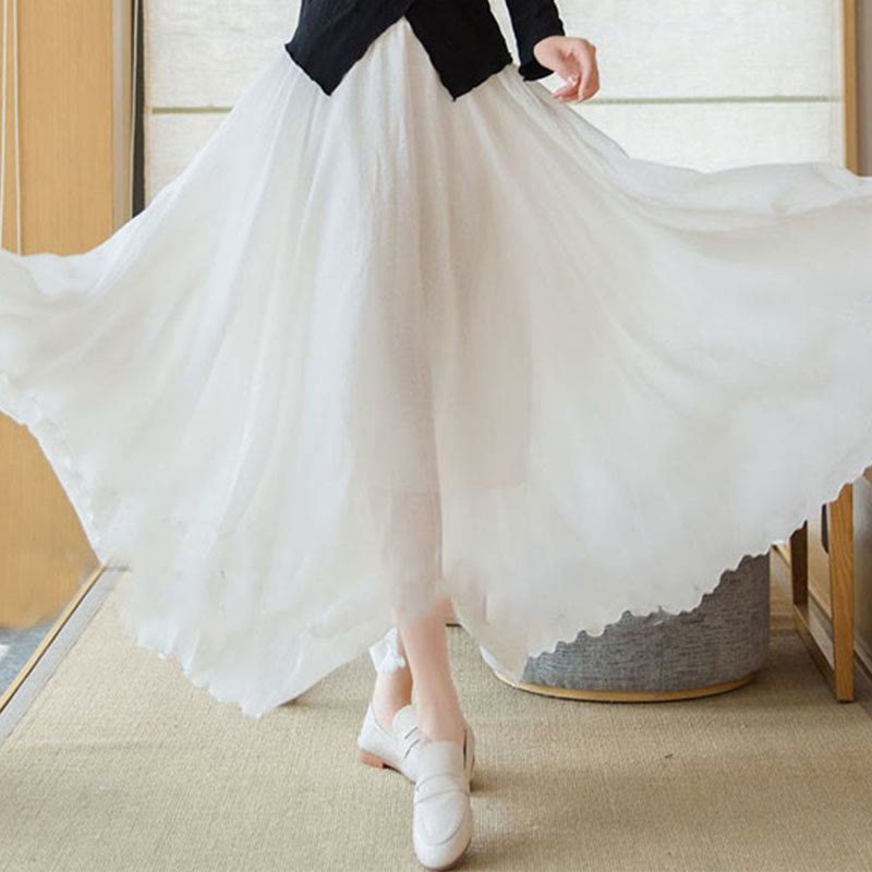 Buddha Stones Solid Color Elastic High Waist Linen Skirt - image 18