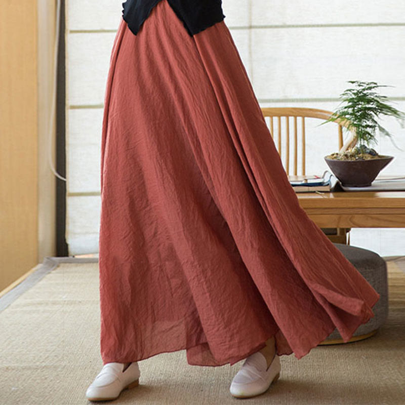 Buddha Stones Solid Color Elastic High Waist Linen Skirt - image 7