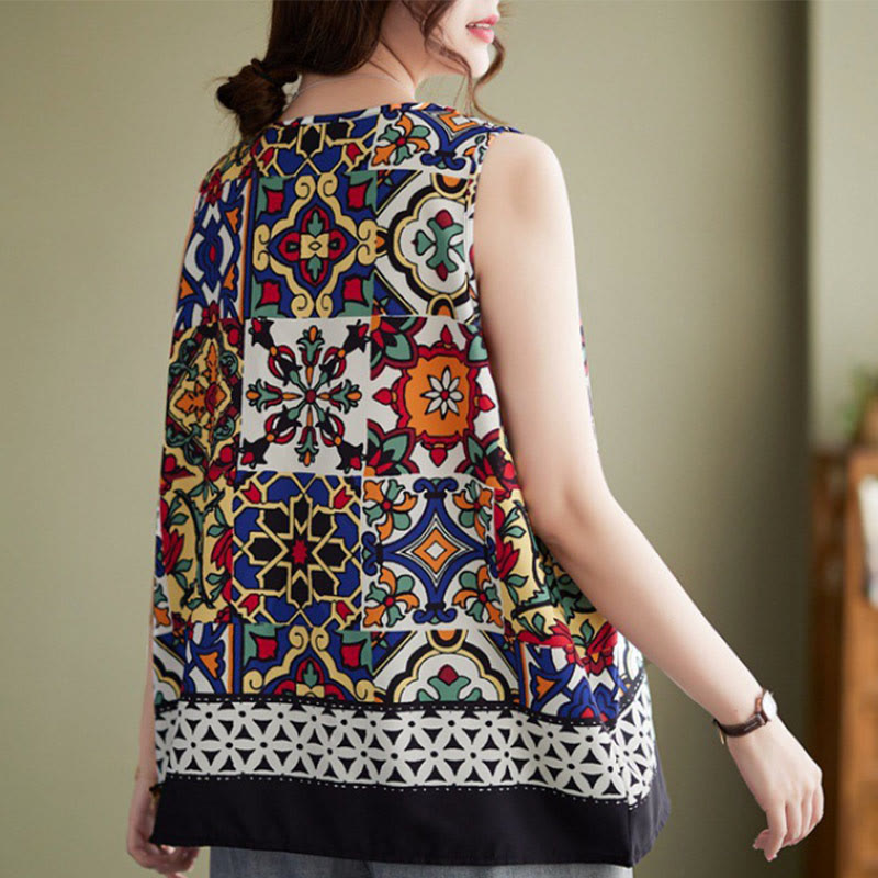 Buddha Stones Ethnic Geometry Print Crew Neck Tank Top