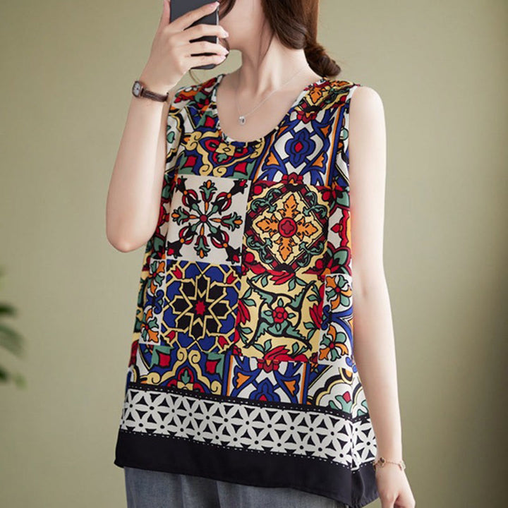 Buddha Stones Ethnic Geometry Print Crew Neck Tank Top