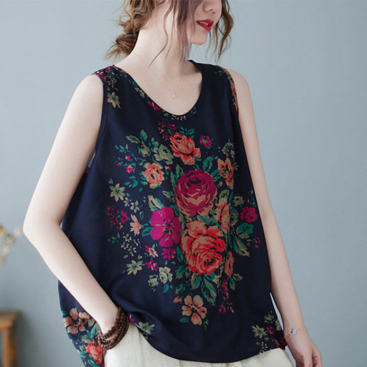 Buddha Stones Retro Peony Flowers Round Neck Tank Top Vest