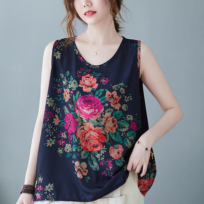 Buddha Stones Retro Peony Flowers Round Neck Tank Top Vest