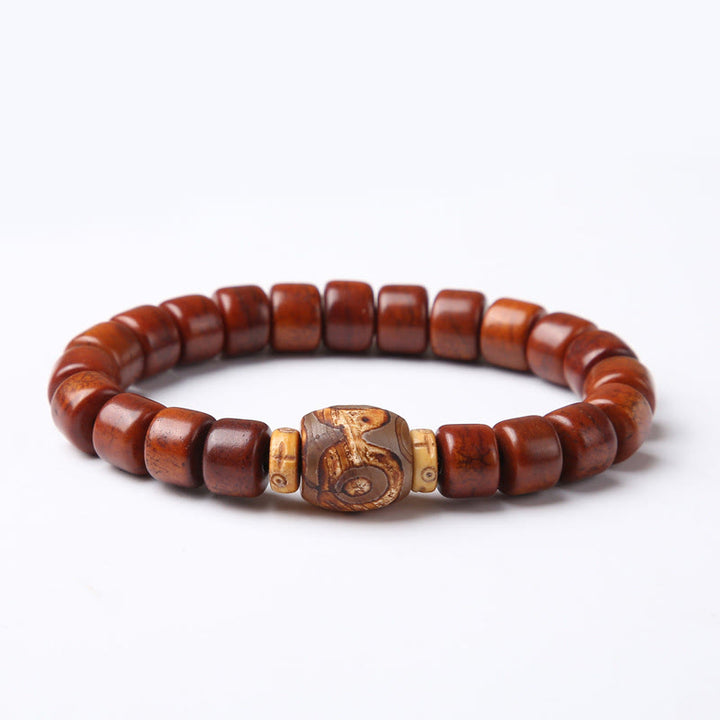 Buddha Stones Tibetan Yak Bone Three-Eyed Dzi Bead Sheep Horn Red Agate Strength Bracelet