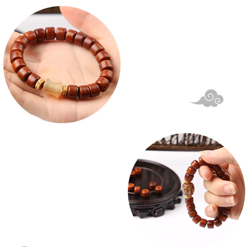 Buddha Stones Tibetan Yak Bone Three-Eyed Dzi Bead Sheep Horn Red Agate Strength Bracelet