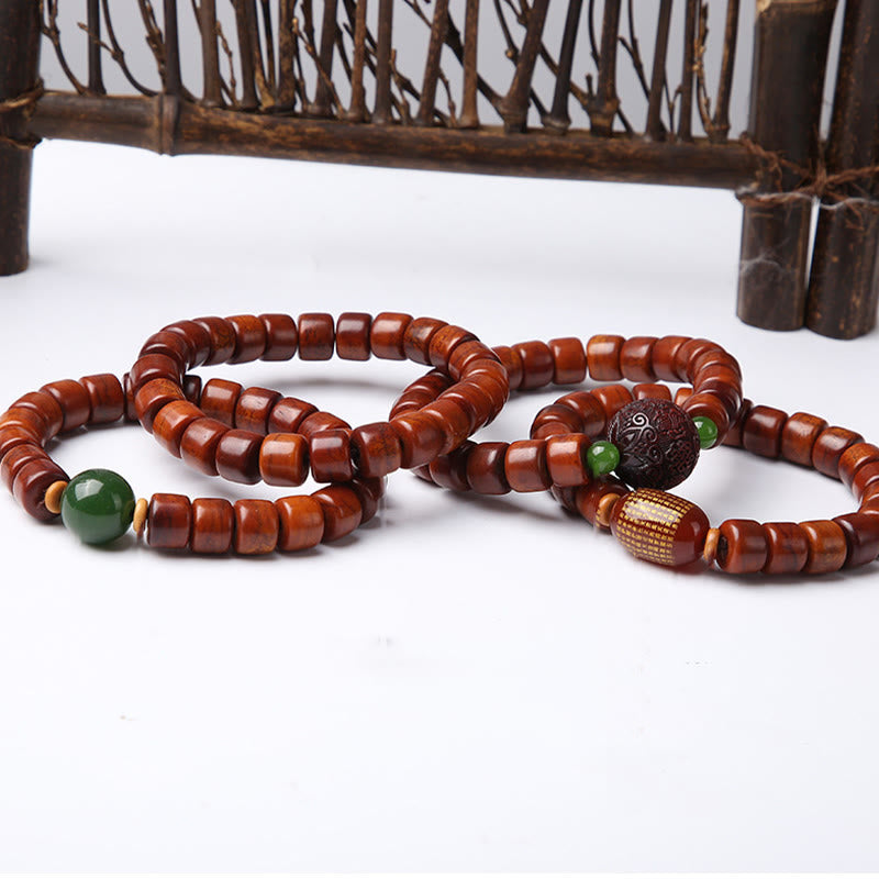 Buddha Stones Tibetan Yak Bone Three-Eyed Dzi Bead Sheep Horn Red Agate Strength Bracelet