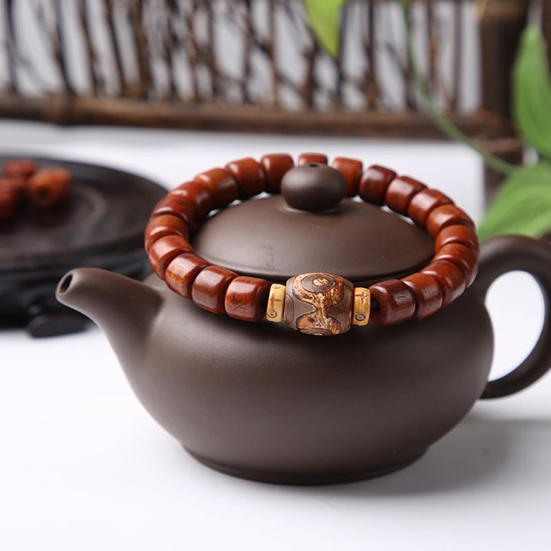 Buddha Stones Tibetan Bone Beads Three-Eyed Dzi Bead Sheep Horn Red Agate Strength Bracelet
