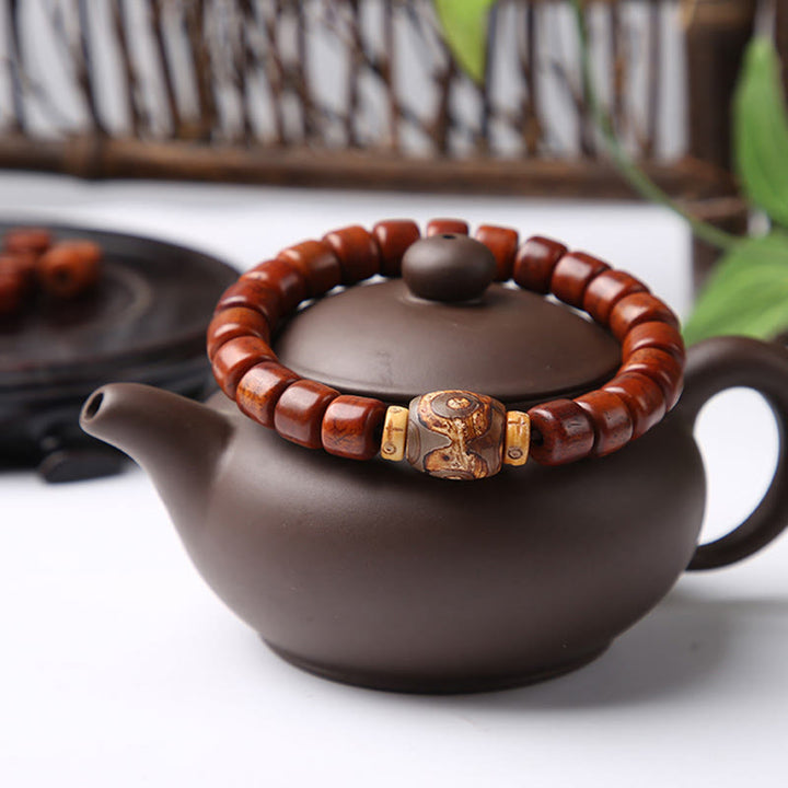 Buddha Stones Tibetan Bone Beads Three-Eyed Dzi Bead Sheep Horn Red Agate Strength Bracelet