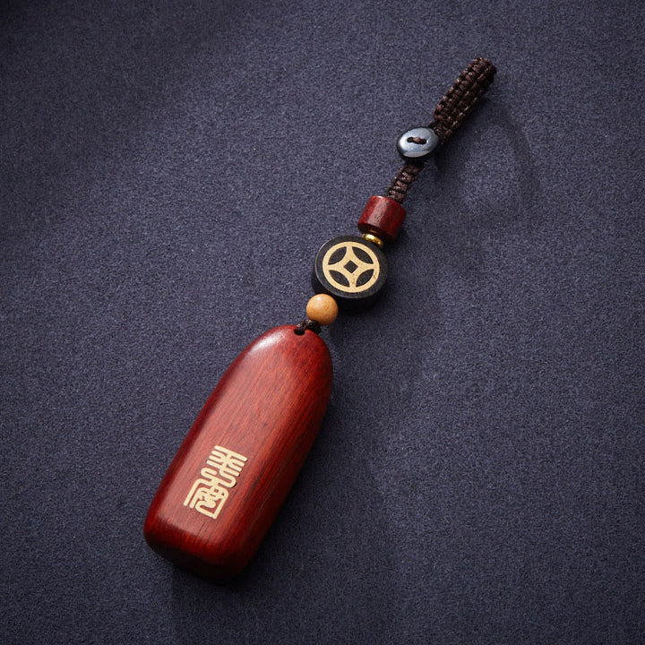 Buddha Stones Small Leaf Red Sandalwood Ebony Wood Peace Auspicious Copper Coin Protection Key Chain