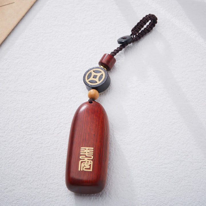 Buddha Stones Small Leaf Red Sandalwood Ebony Wood Peace Auspicious Copper Coin Protection Key Chain