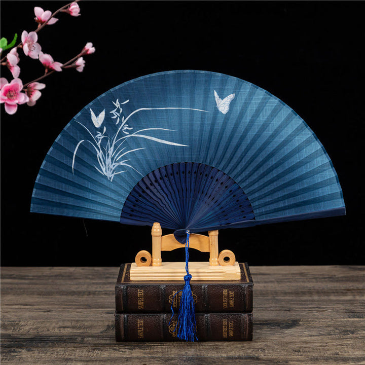 Buddha Stones Butterfly Orchid Cat Handheld Cotton Linen Bamboo Folding Fan 22cm