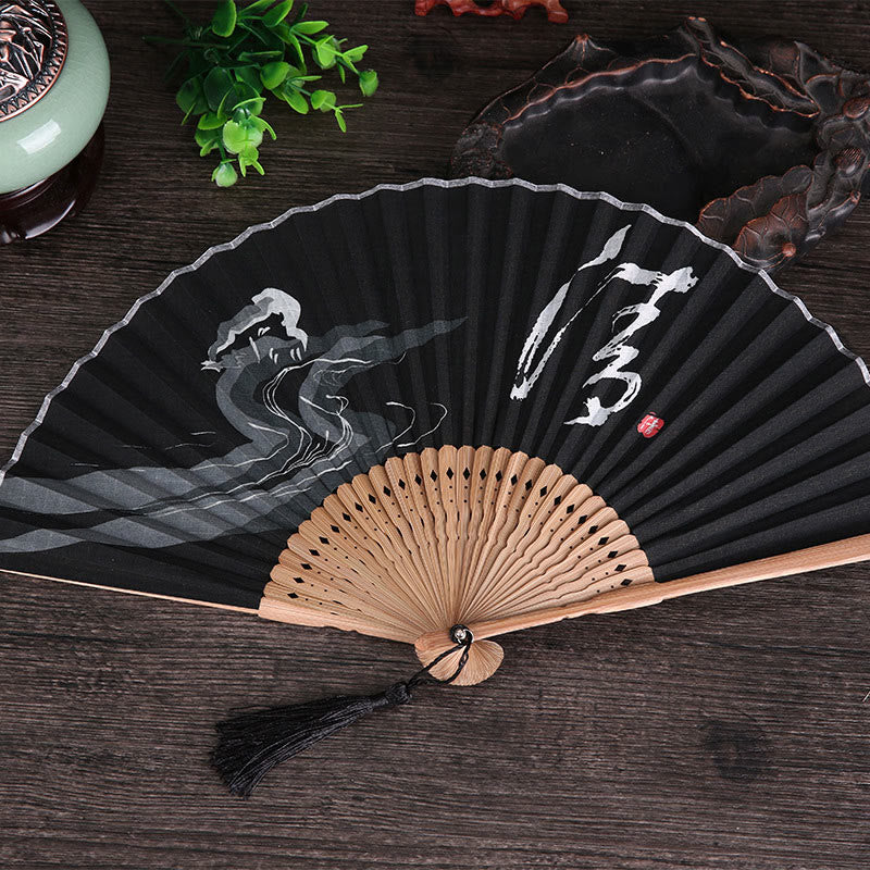 Buddha Stones Chinese Characters Golden Dragonfly Handheld Cotton Linen Bamboo Folding Fan 22cm