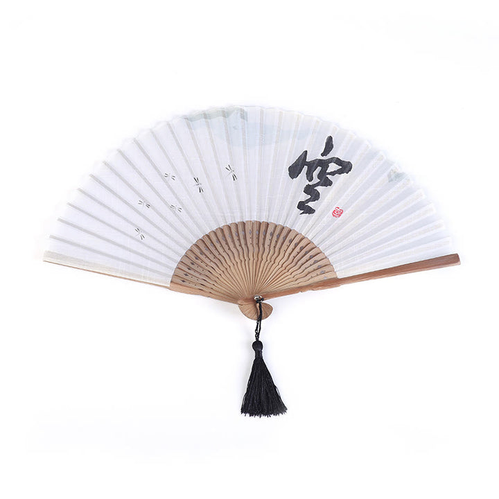 Buddha Stones Chinese Characters Golden Dragonfly Handheld Cotton Linen Bamboo Folding Fan 22cm