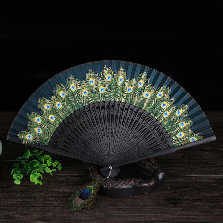 Buddha Stones Peacock Feather Handheld Bamboo Folding Fan 21.5cm